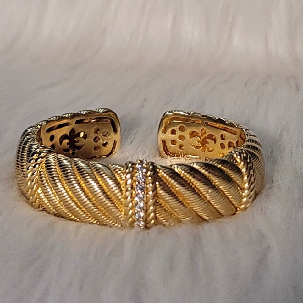 Judith Ripka 14 K Gold Clad Diamonique And Silver Textured Cuff Bracelet.